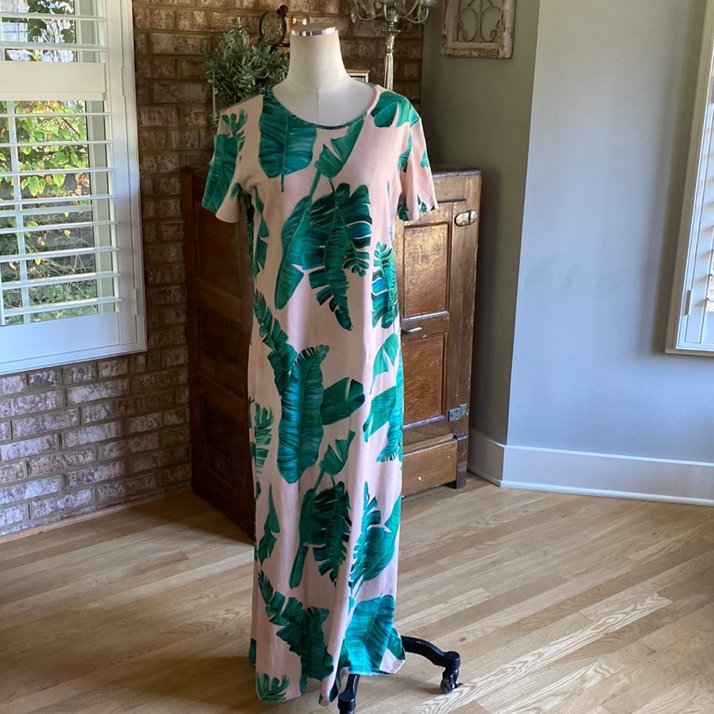 LEI PALM HAWAII TROPICAL MAXI DRESS SHORT SLEEVE LARGE